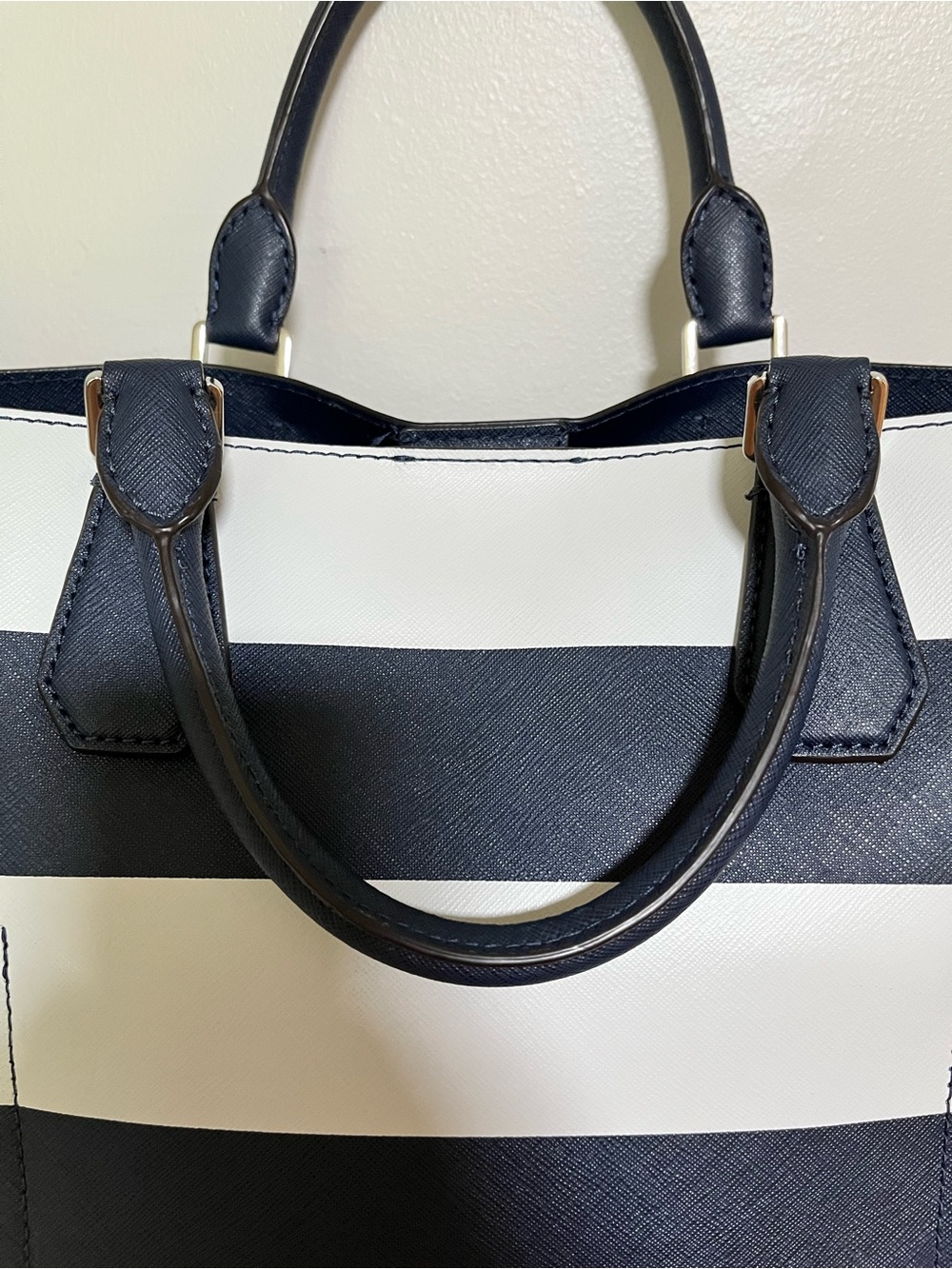 Michael Kors Black and White Striped Leather Tote with MK Charm - Picture 15 of 17